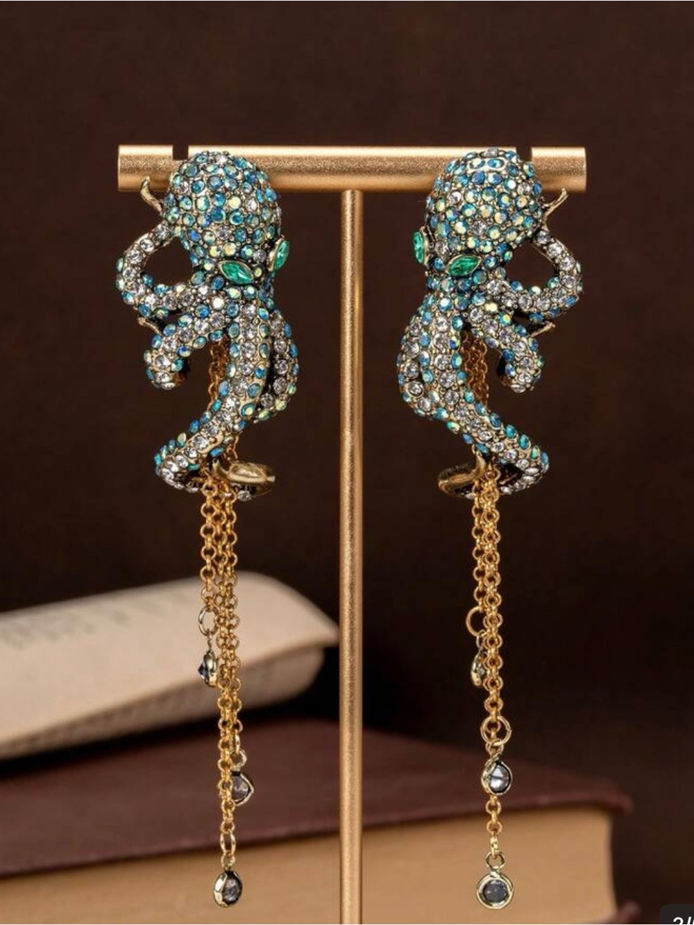 Gold-Tone Octopus Dangle Earrings with Blue and Green Crystals